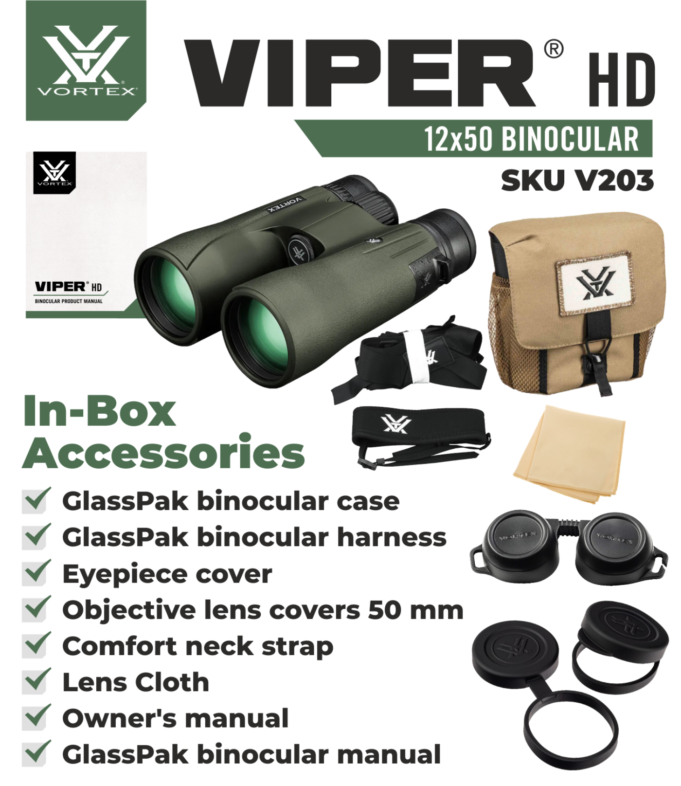 Vortex Optics Viper HD 12x50 Roof Prism Binocular V203 with Free Hat and Wearable4U Bundle - V203_Hat-CD_LCP