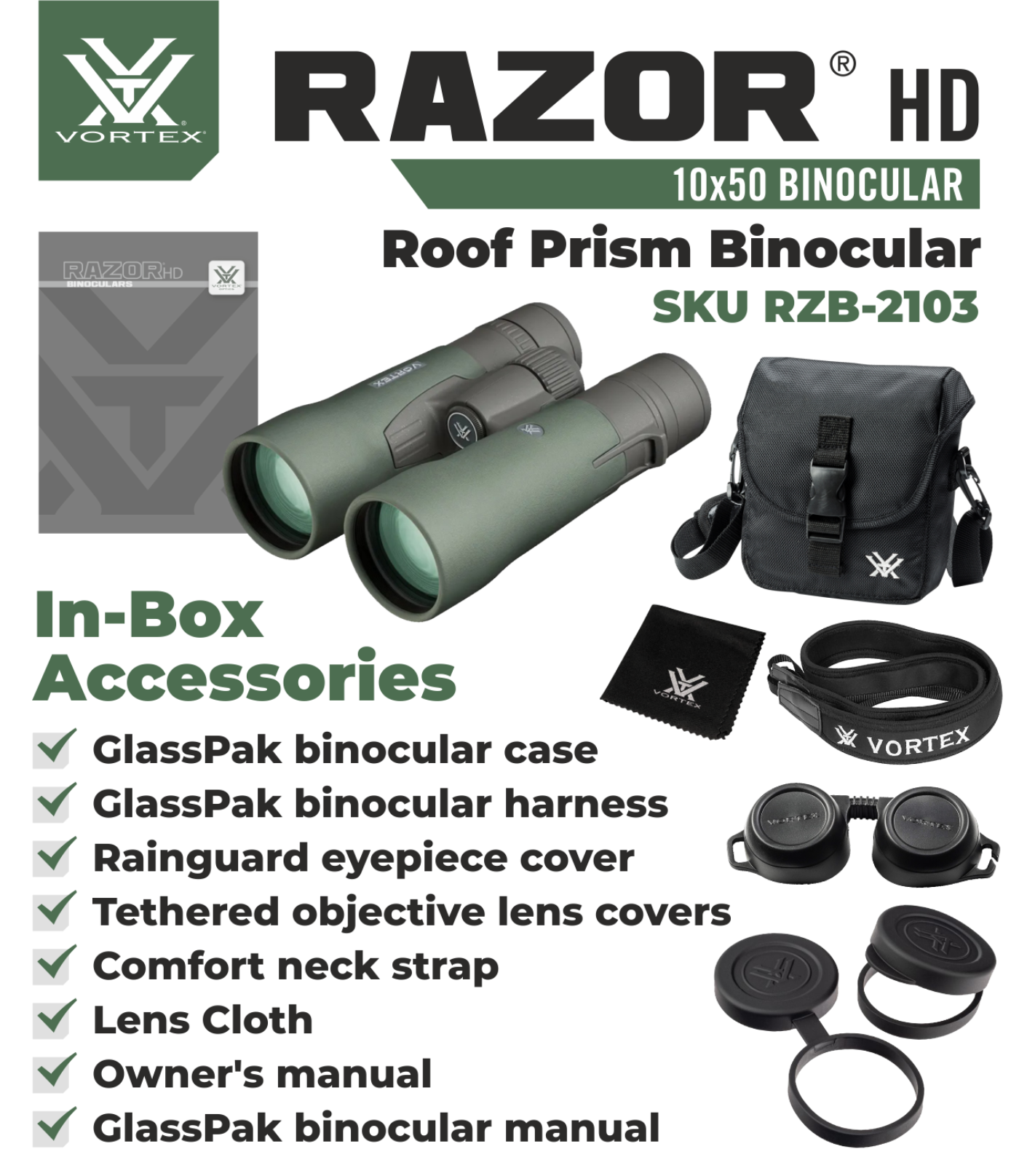 Vortex Optics Razor HD 10x50 Roof Prism Binocular RZB-2103 with Free Hat and Wearable4U Bundle - RZB-2103_Hat-CD_LCP