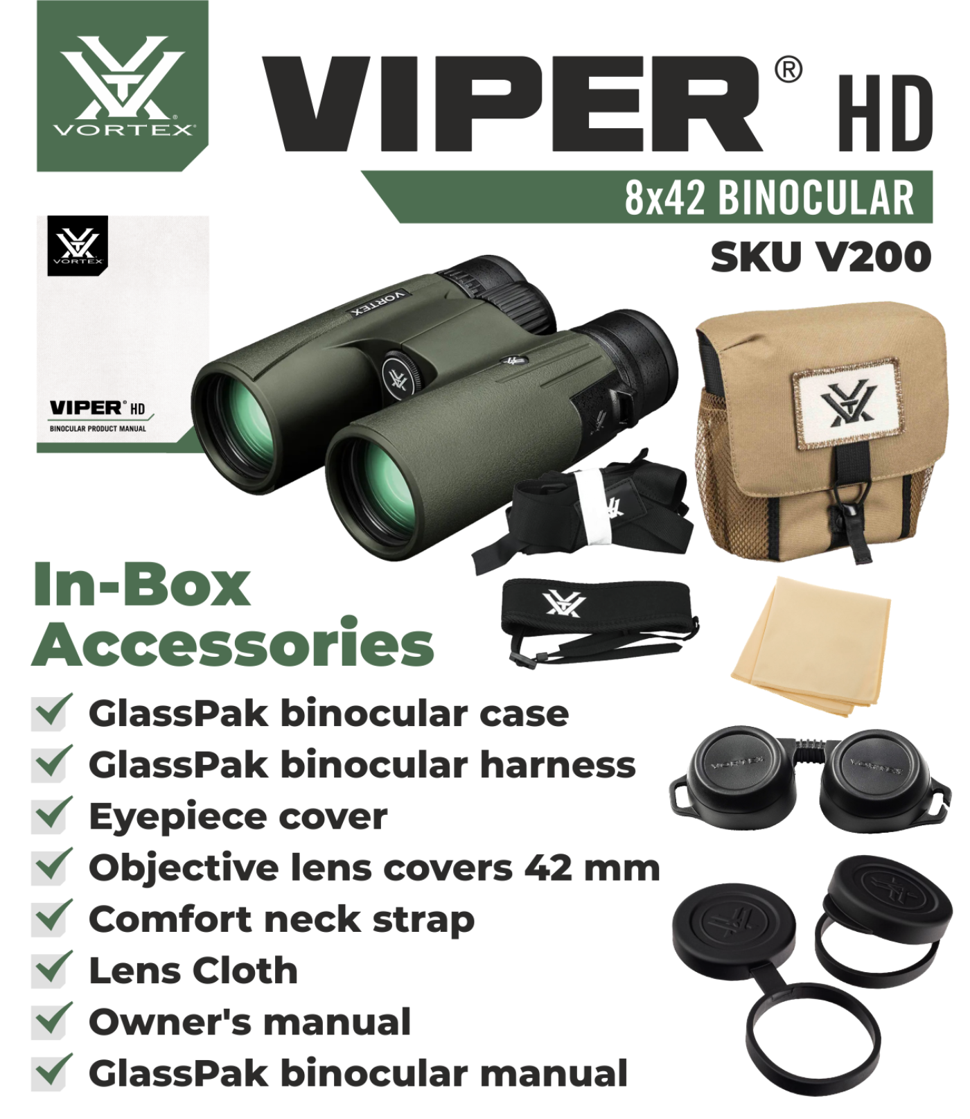 Vortex Optics Viper HD 8x42 Roof Prism Binocular V200 with Free Hat and Wearable4U Bundle  - V200_Hat-CD_LCP