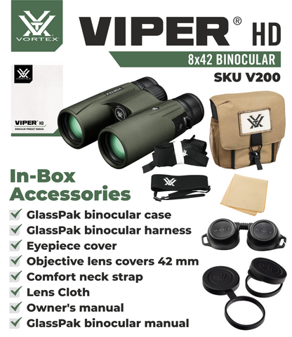 Vortex Optics Viper HD 8x42 Roof Prism Binocular V200 with Free Hat and Wearable4U Bundle  - V200_Hat-CD_LCP
