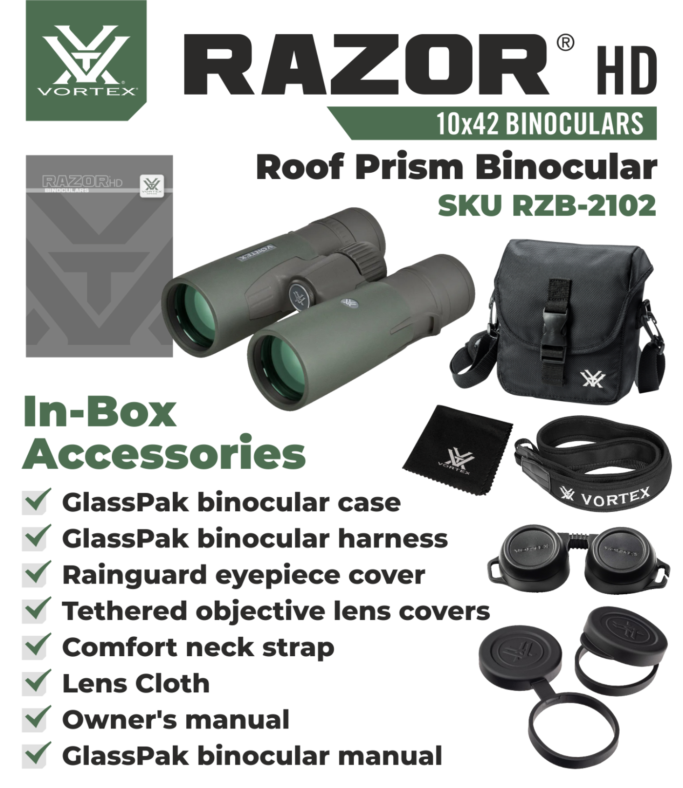 Vortex Optics Razor HD 10x42 Roof Prism Binocular RZB-2102 with Free Hat and Wearable4U Bundle - RZB-2102_Hat-CD_LCP