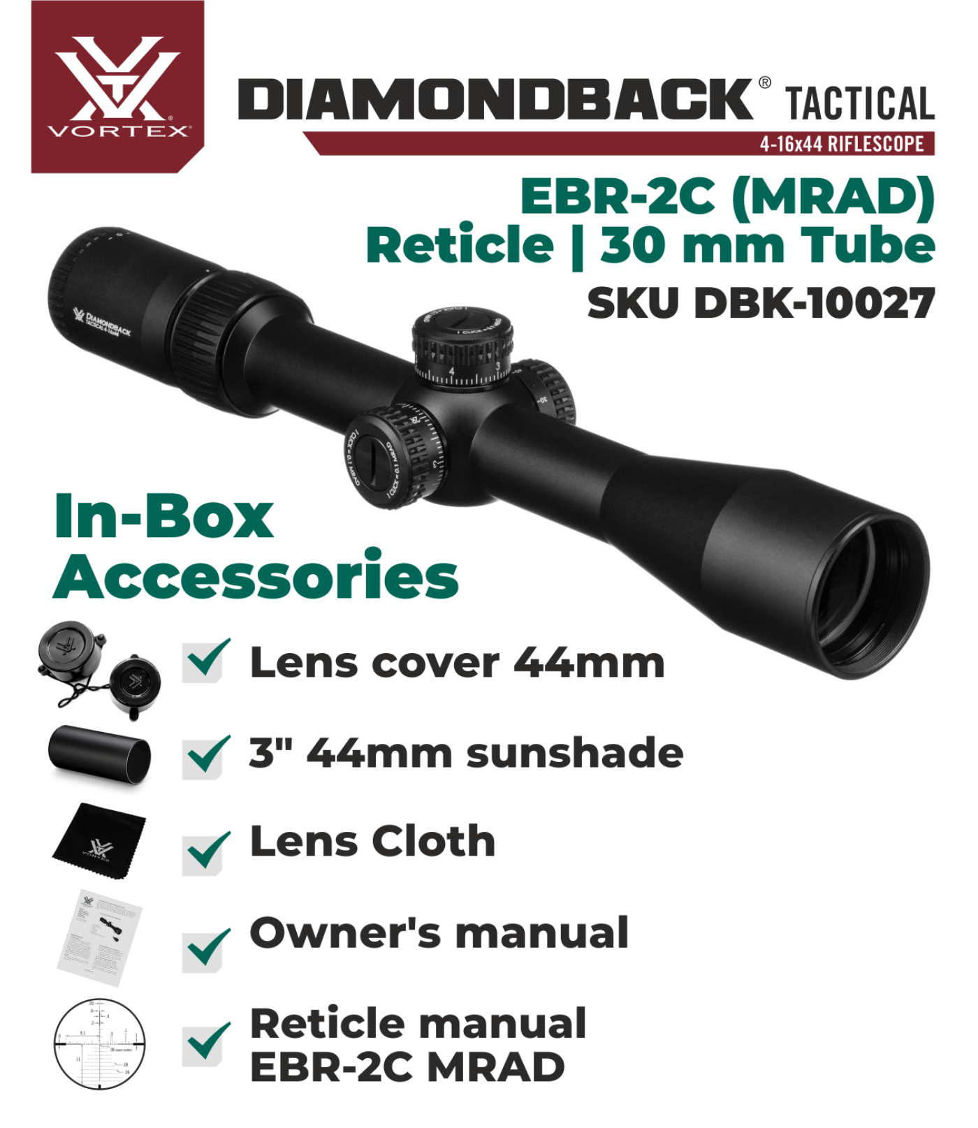 Vortex Optics Diamondback 4-16x44 FFP Riflescope EBR-2C (MRAD) Reticle, 30mm Tube with Wearable4U Bundle - DBK-10027_121-53-BCA