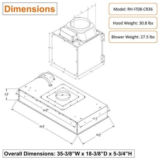 Awoco RH-IT08-CR Flush Ceiling Mount Split Insert Range Hood, Stainless Steel 4 Speeds 1000 CFM, 8” Round Vent LED Lights Remote Control - RH-IT08-CR30