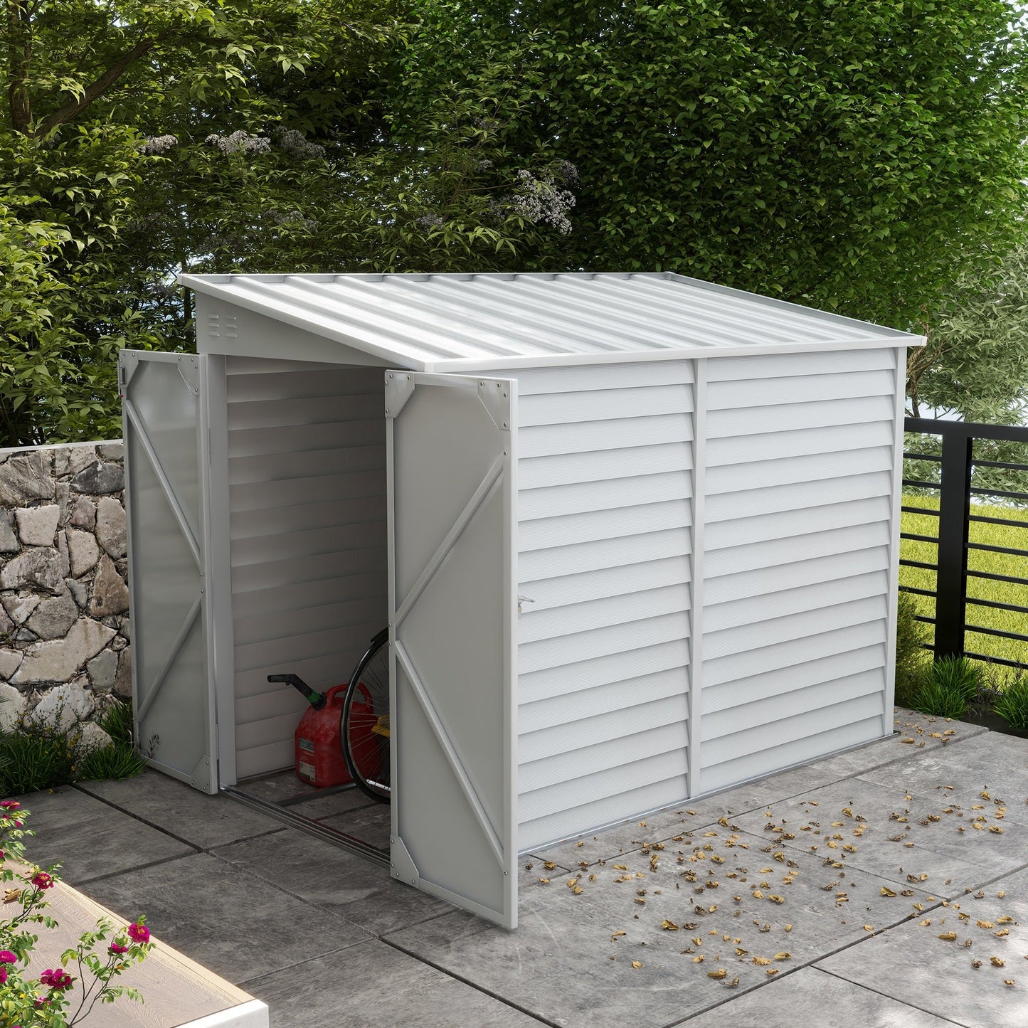 4.6' x 9' Steel Outdoor Storage Shed, with Foundation Kit, Lockable Doors and Gloves, White