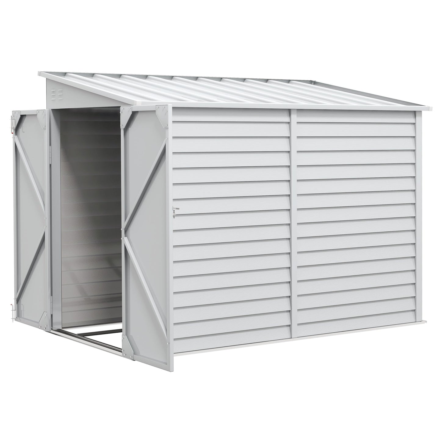 4.6' x 9' Steel Outdoor Storage Shed, with Foundation Kit, Lockable Doors and Gloves, White