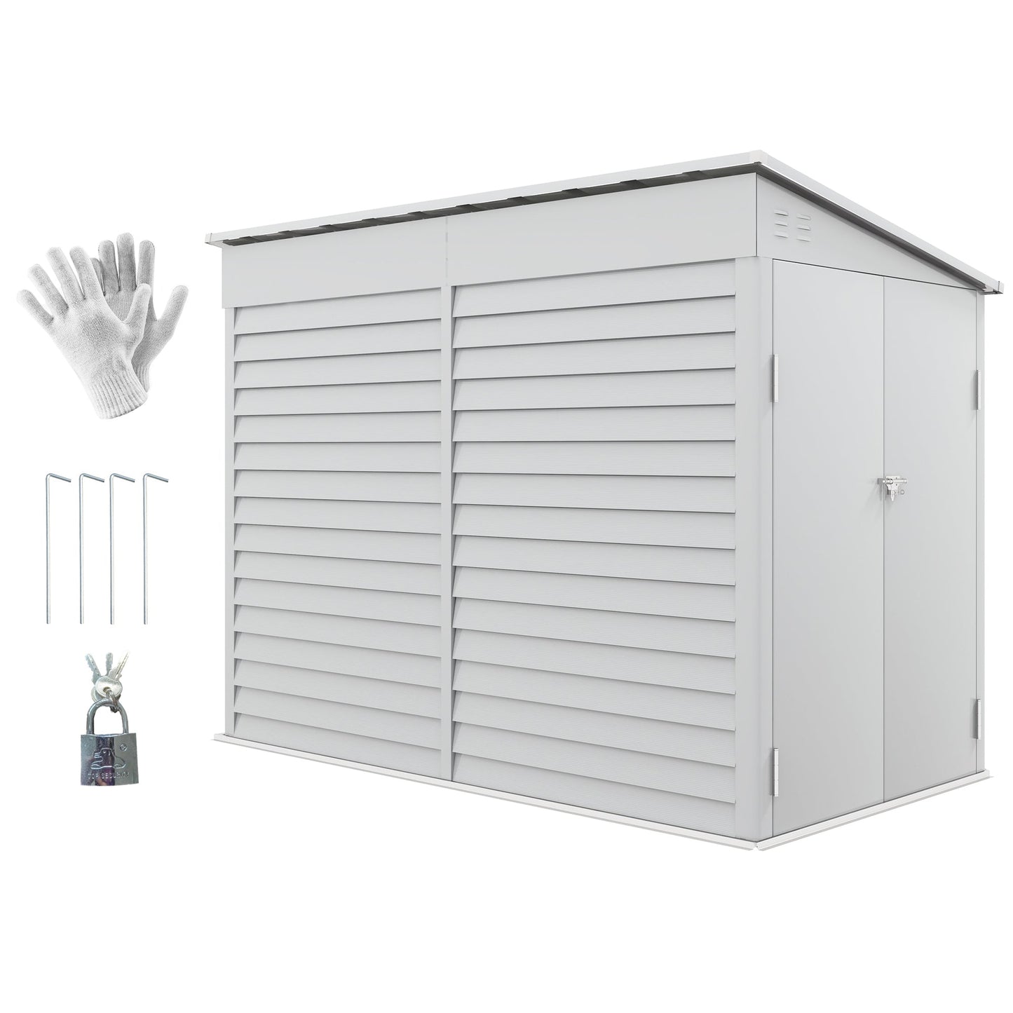 4.6' x 9' Steel Outdoor Storage Shed, with Foundation Kit, Lockable Doors and Gloves, White