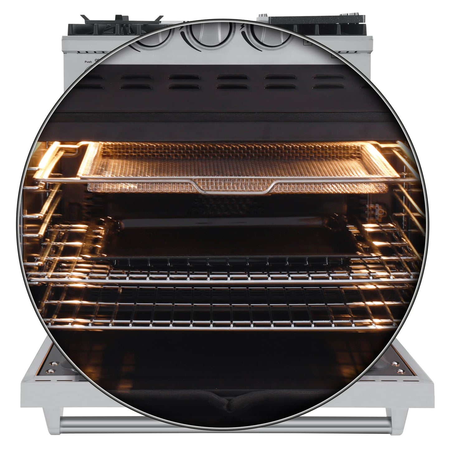 Forno 5-Piece Appliance Package - 30-Inch Gas Range with Air Fryer, Refrigerator, Wall Mount Hood, 24-Inch Microwave Oven, & 3-Rack Dishwasher in Stainless Steel - APR5-6276-30-H-MWO