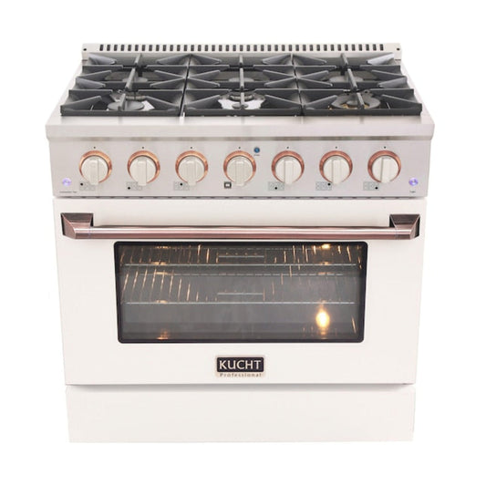 Kucht Signature 36 In. 5.2 cu ft. Propane Gas Range with White Door and Rose Gold Accents, KNG361/LP-W-ROSE - KNG361/LP-W-ROSE