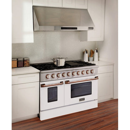 Kucht Signature 48 In. 6.7 cu ft. Propane Gas Range with White Door and Rose Gold Accents, KNG481/LP-W-ROSE
