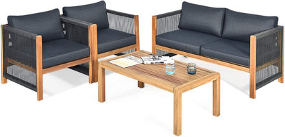 Tangkula Outdoor Wood Furniture Set, Acacia Wood Frame Loveseat Sofa, 2 Single Chairs and Coffee Table - HW63868RE