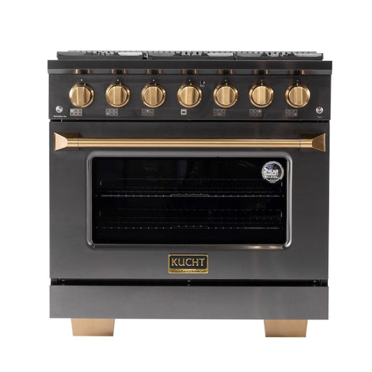 Kucht Gemstone Professional 36" 5.2 cu. ft. Dual Fuel Range in Titanium Stainless Steel with Gold Accents - KED364