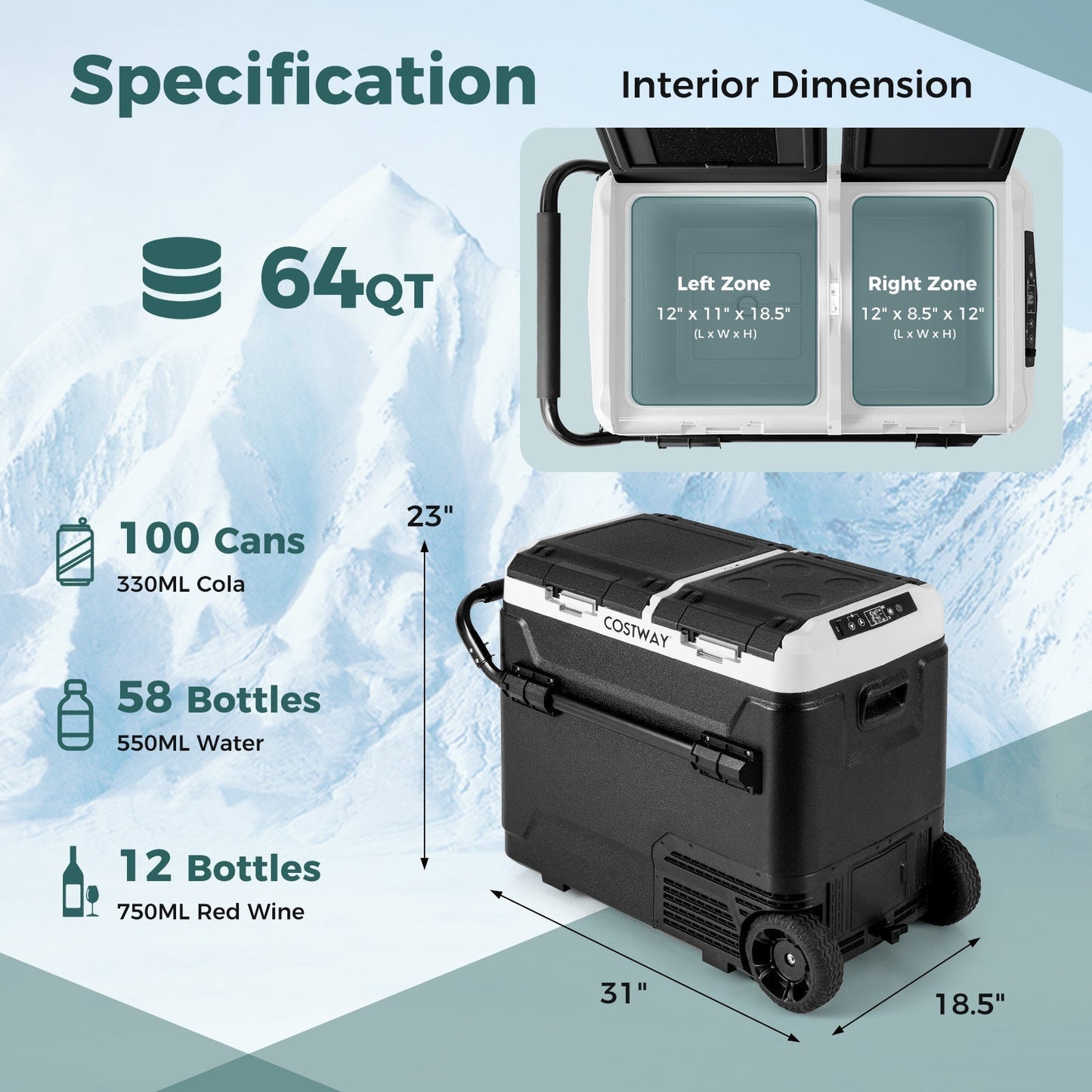 Costway Portable Compressor Fridge Freezer for Vehicles Dual Zone 64 Quart New - FP10737US-BK