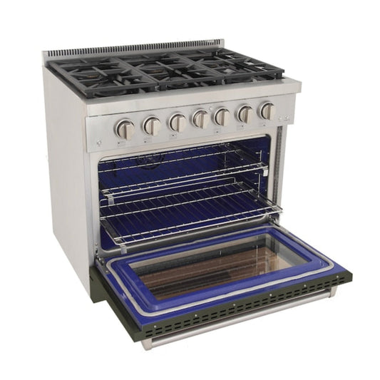 Kucht Professional 36" 5.2 cu. ft. Propane Gas Range in Olive Green with Silver Accents, KFX360/LP-G - KFX360/LP-G