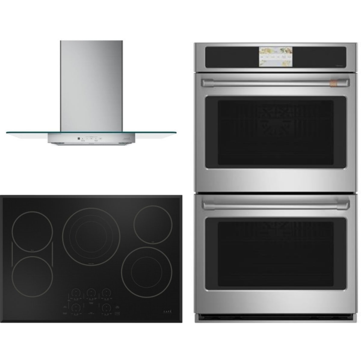 Cafe 3-Piece Package CEP90301TBB 30 Inch Electric Smart Cooktop and CTD70DP2NS1 30 Inch Double Convection Smart Electric Wall Oven and CVW73012MSS 30 Inch Wall-Mount Glass Canopy Chimney Hood