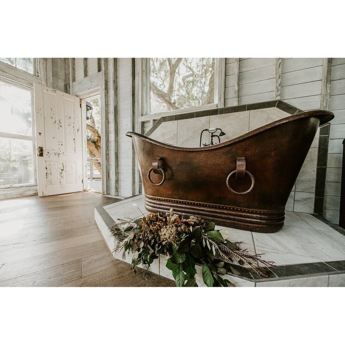 Premier Copper 67 in. Hammered Copper Double Slipper Bathtub With Rings - BTDR67DB