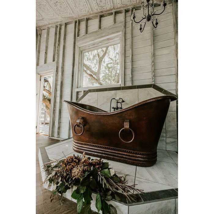 Premier Copper 67 in. Hammered Copper Double Slipper Bathtub With Rings - BTDR67DB