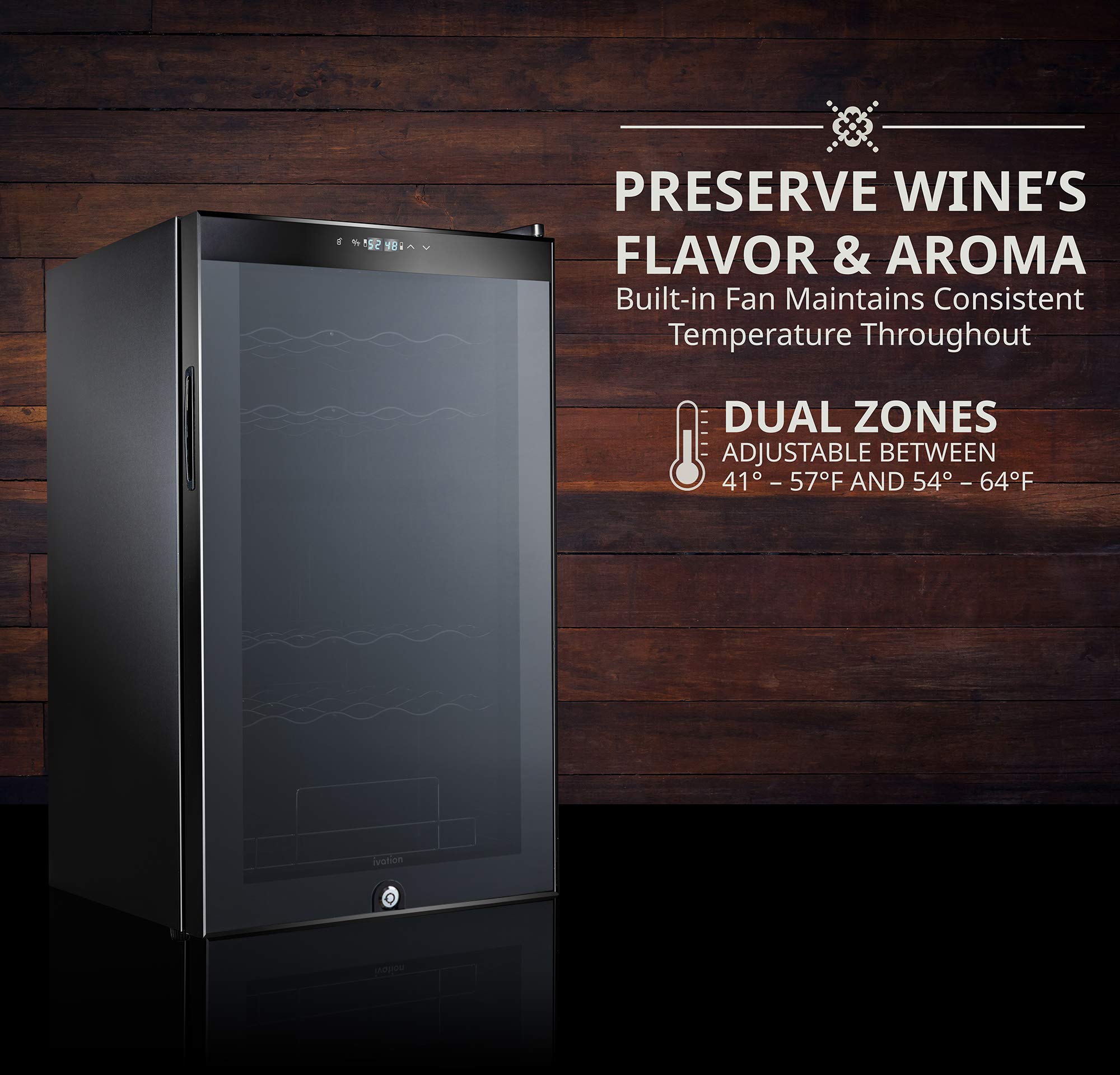 Ivation 33 Bottle Freestanding Wine Refrigerator, Dual Zone Wine Fridge with Lock, Black - IVFWCC331DLB