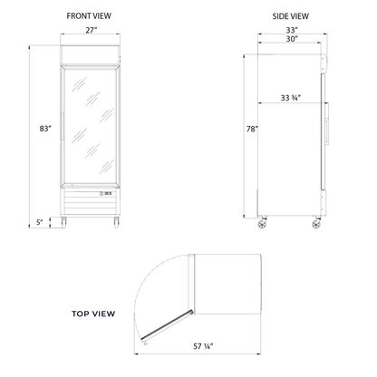 Frigos Merchandiser Refrigerator 27" Width Black Swing Glass 1 Door with LED Lighting with Aluminum Interior with 304 Stainless Steel Floor - FG-MR-1D-G