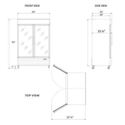 Frigos Merchandiser Refrigerator 54" Width Black Swing Glass 2 Door with LED Lighting with Aluminum Interior with 304 Stainless Steel Floor - FG-MR-2D-G