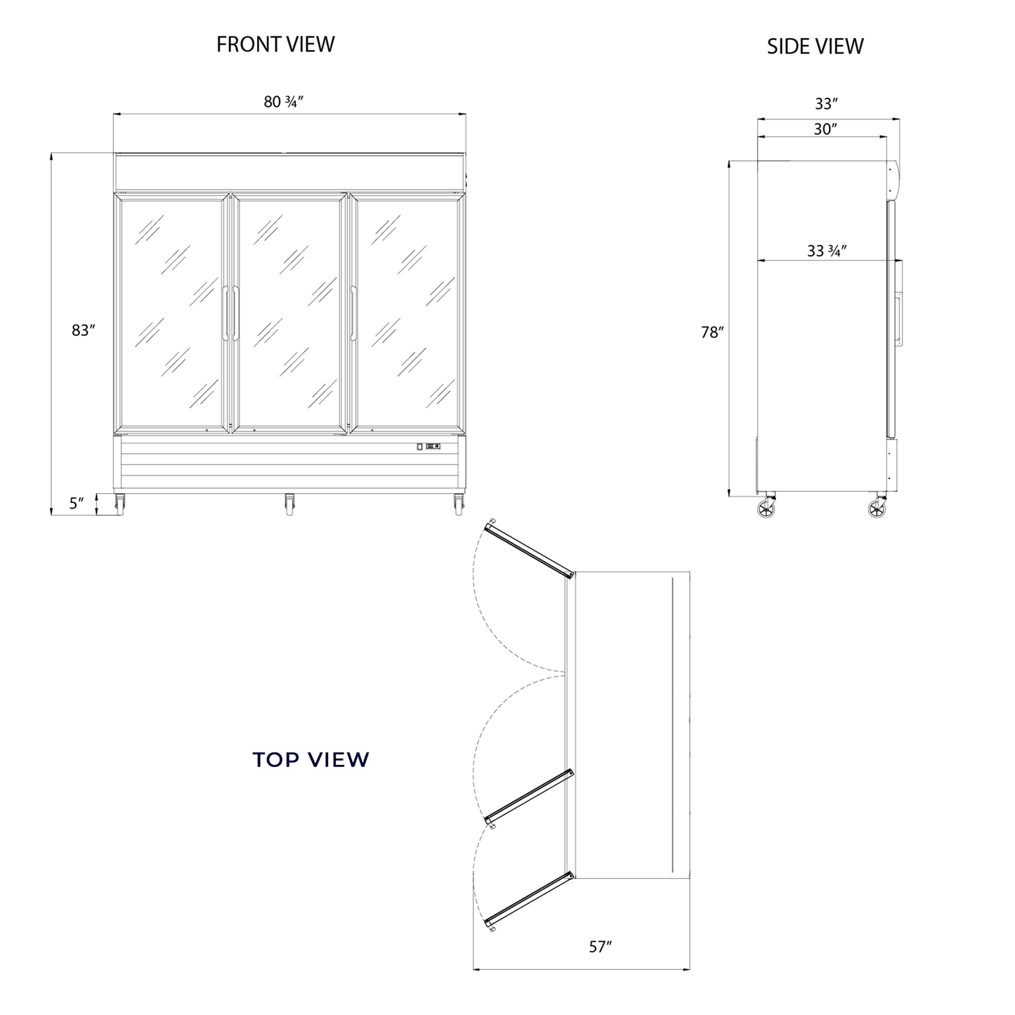 Frigos Commercial Merchandising Refrigerator 80" Width Black Swing Glass 3 Door with LED Lighting with Aluminum Interior with 304 Stainless Steel Floor - FG-MR-3D-G