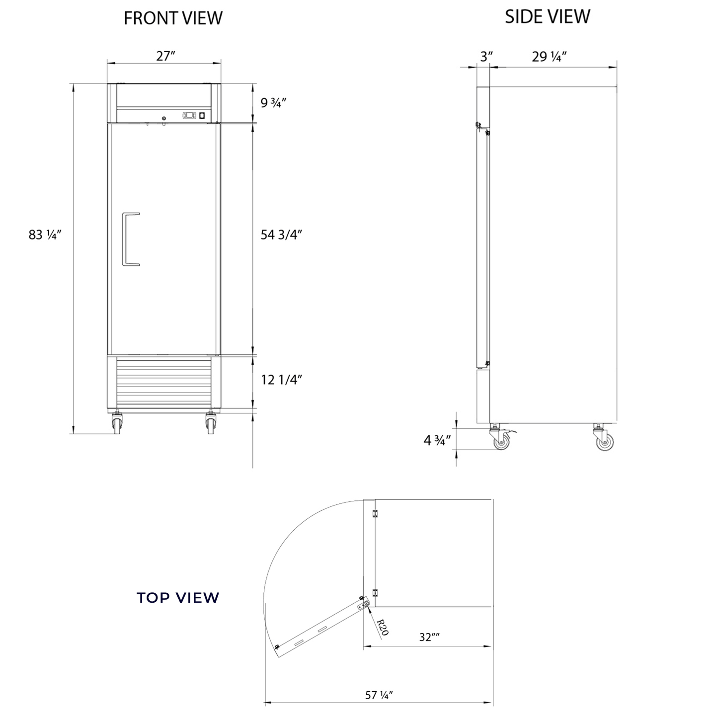 Frigos Commercial Reach in Refrigerator 27" Width Solid Single Door 21 Cu Ft with Aluminum Interior with 304 Stainless Steel Floor - FG-RF-1D