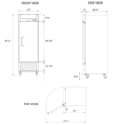 Frigos Commercial Reach in Refrigerator 27" Width Solid Single Door 21 Cu Ft with Aluminum Interior with 304 Stainless Steel Floor - FG-RF-1D
