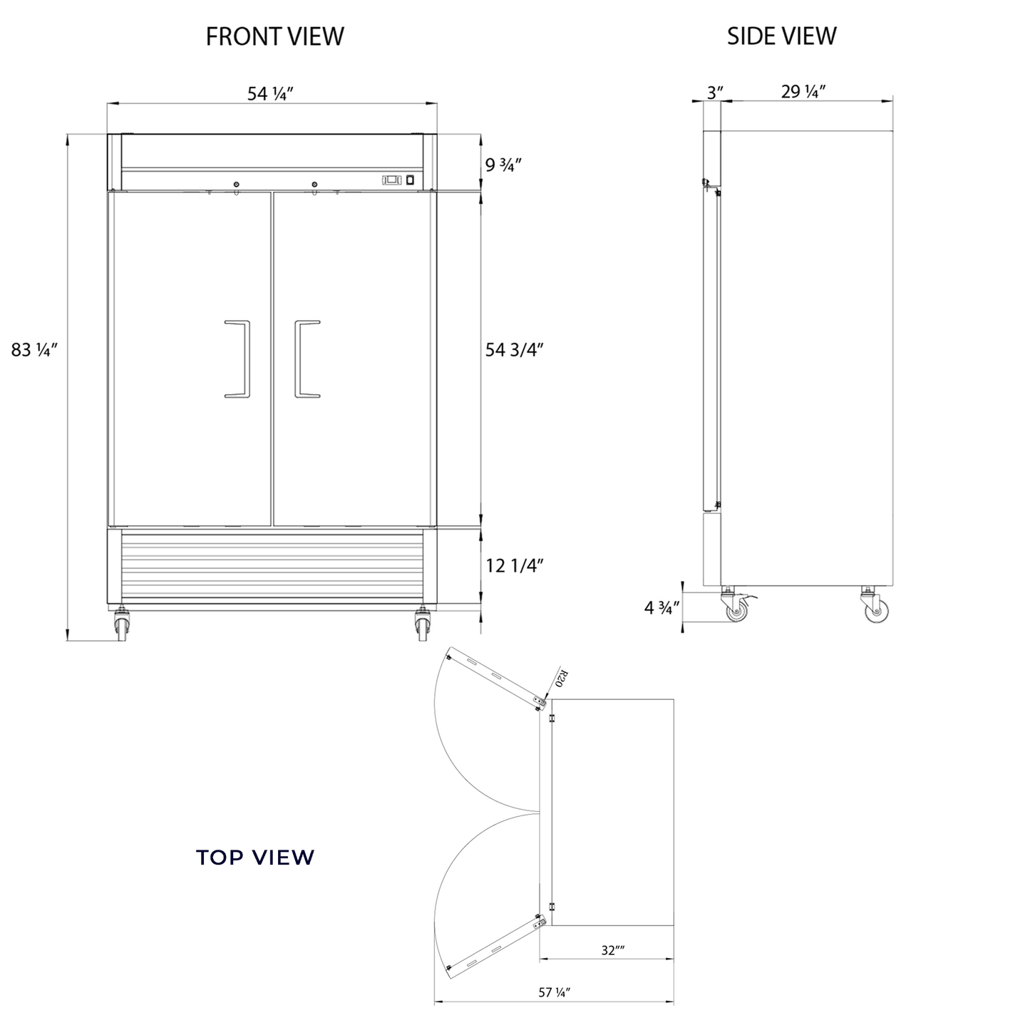 Frigos Commercial Reach in Refrigerator 54" Width Solid 2 Door 47 Cu Ft with Aluminum Interior with 304 Stainless Steel Floor - FG-RF-2D