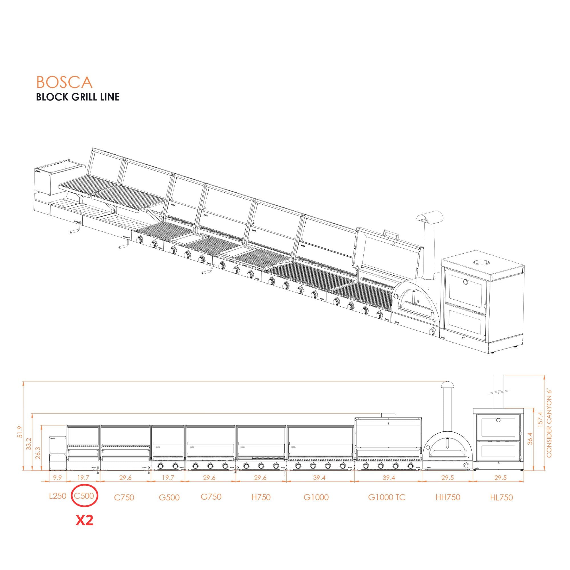 Bosca Pack Block 500 20" + Block 500 20" Built-in Charcoal Grill - 104010041