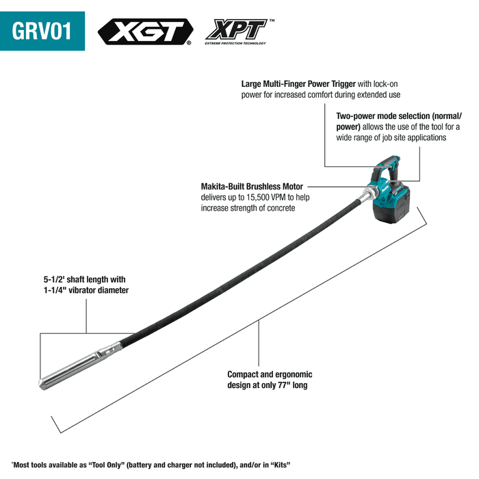 Makita 40V Max XGT Brushless Cordless 5‑1/2' Concrete Vibrator Kit 4.0 Ah - GRV01M1