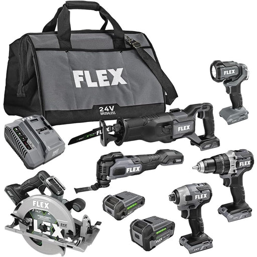 FLEX 24V Brushless Cordless 6-Tool Combo Kit: Hammer Drill, Hex Impact Driver, Circular Saw, Multi-Tool, Reciprocating Saw, Work Light with 2.5Ah, 5.0Ah Lithium Batteries and 160W Charger - FXM601-2B