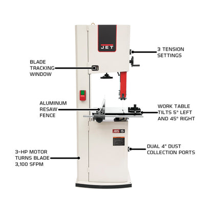 JET 15" Band Saw 3hp, 1PH, 230V - JT9-714650
