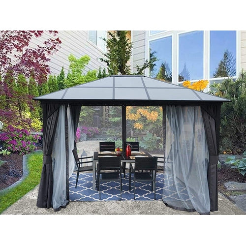 Kozyard 10ftx12ft' Polycarbonate Top Aluminum Permanent Gazebo with a Mosquito Net and Privacy Curtain - KZG811GR