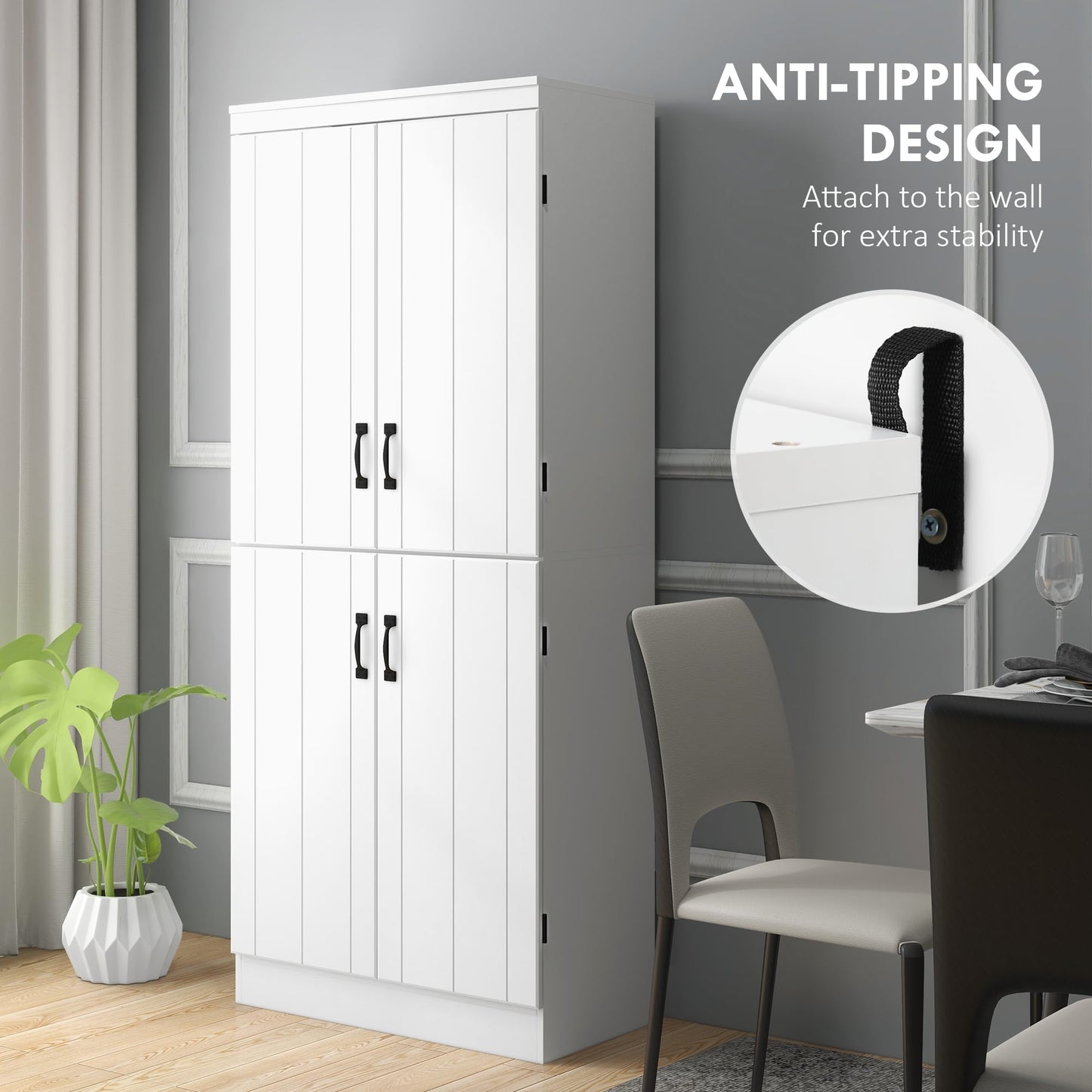 HOMCOM 70" Kitchen Pantry Cabinet, Freestanding Storage Cabinet with 4 Doors and 2 Adjustable Shelves for Dining Room, White - B09YXPKT9T