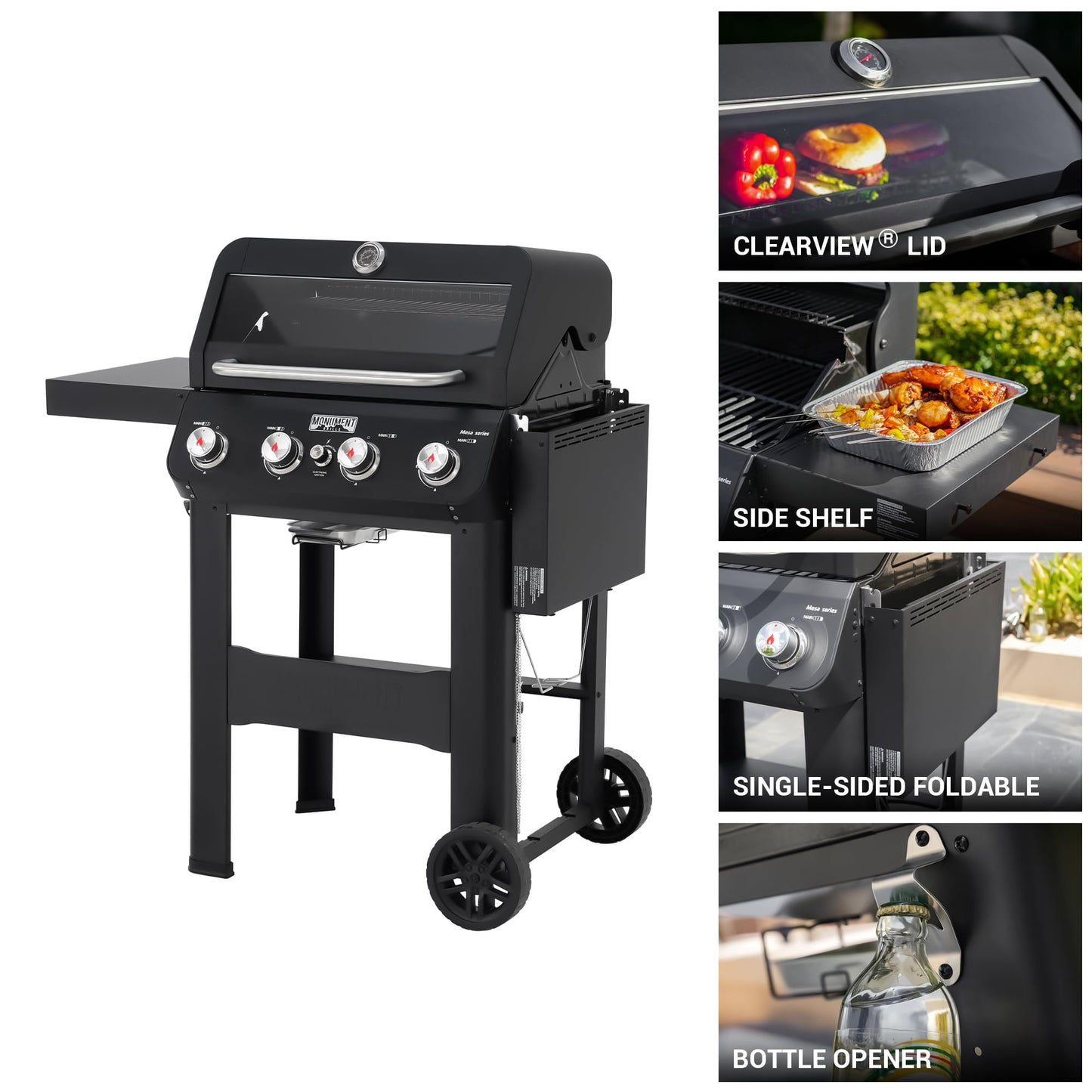 "Monument 4-Burner Propane Grill, Black SS, Clearview Lid, Foldable Shelf, w/ Cover – Mesa420MF (B0DFC2W299)"