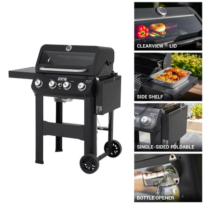 "Monument 4-Burner Propane Grill, Black SS, Clearview Lid, Foldable Shelf, w/ Cover – Mesa420MF (B0DFC2W299)"