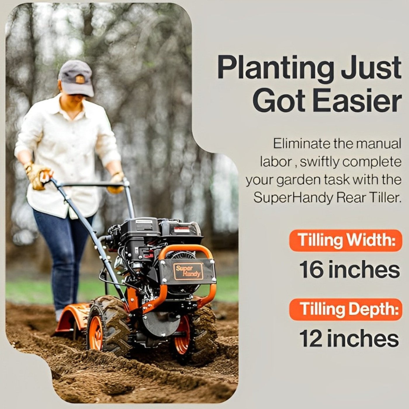 Super Handy GUO116 Rear Tine Tiller Cultivator 16” Width 12" Depth 7HP 209cc 4 Stroke Gas Motor 12 Steel Adjustable Tines New