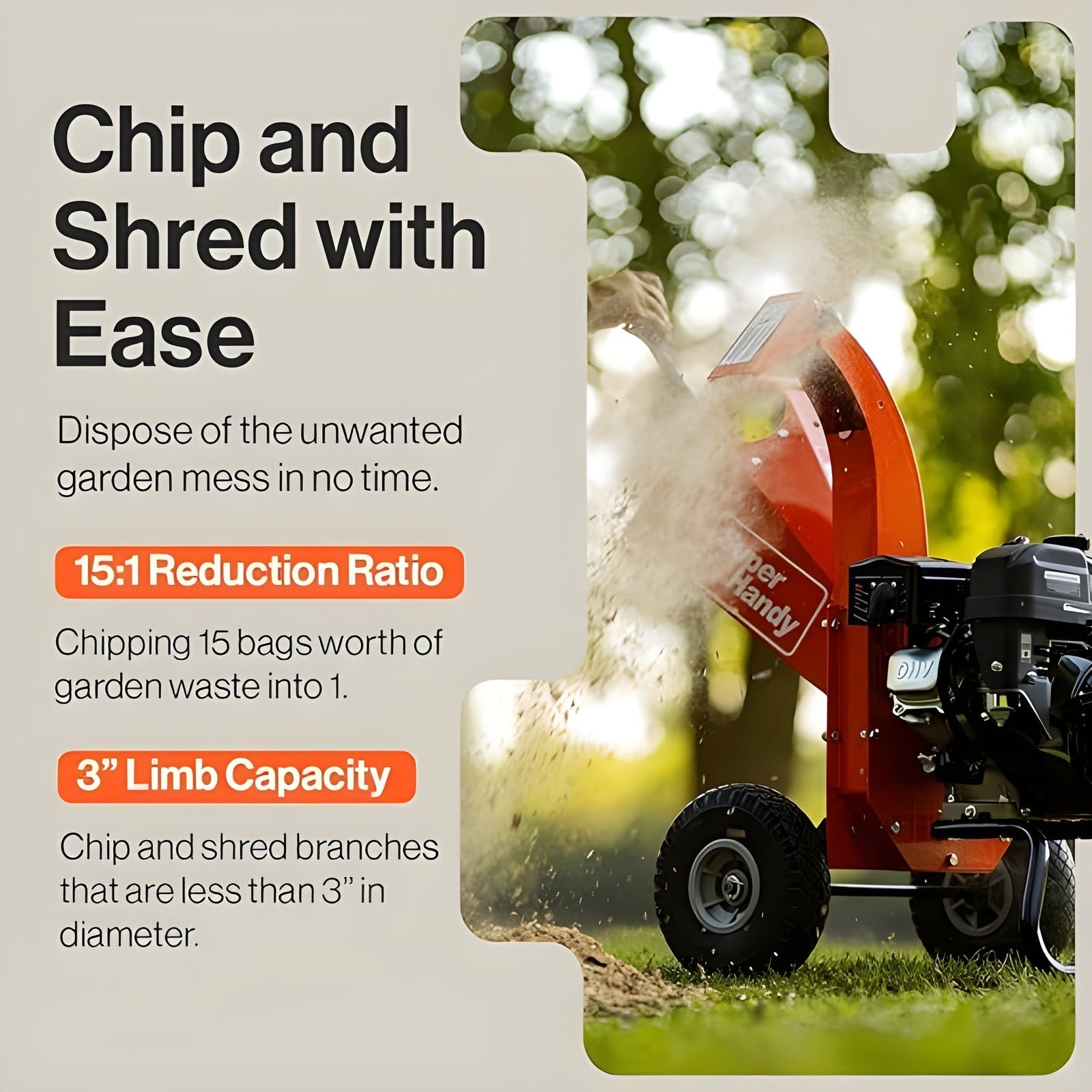 Super Handy GUO035 7HP Compact Design 3 Inch Max Capacity Wood Chipper Shredder Mulcher New