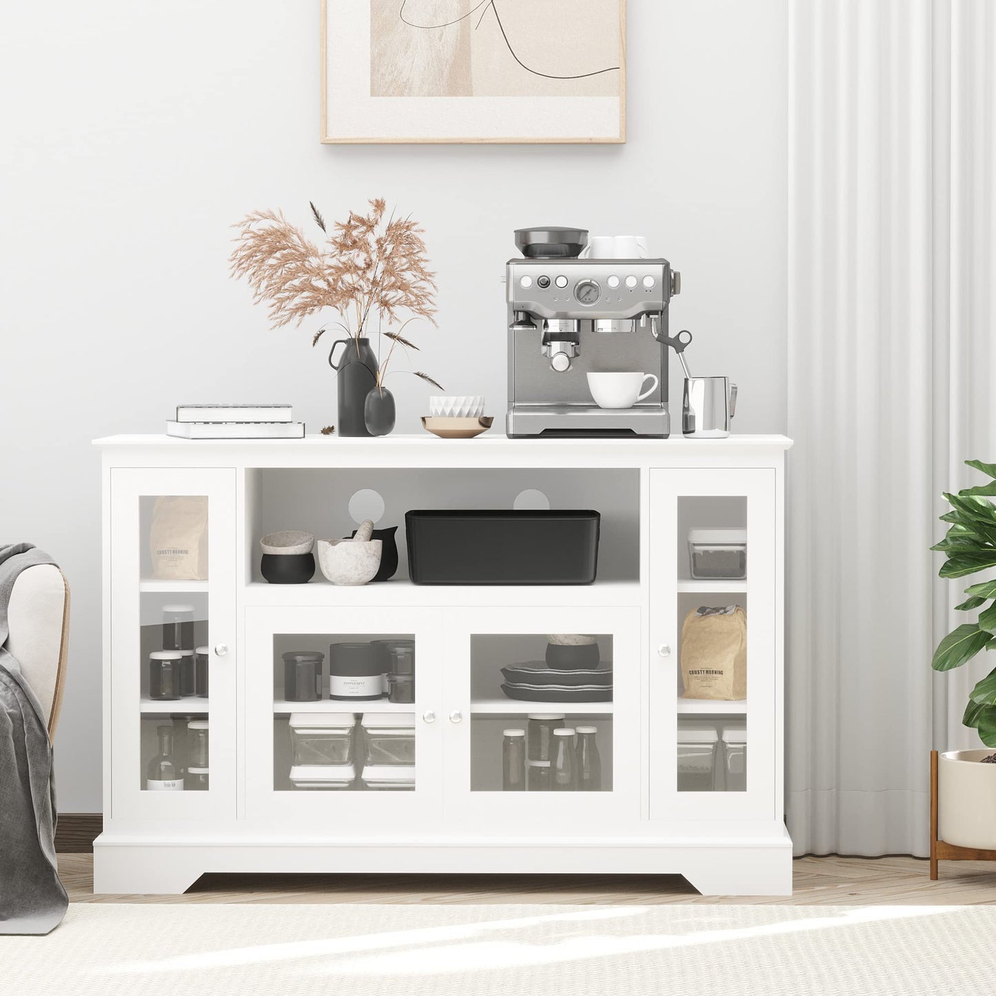 HomCom Sideboard Buffet Cabinet with Storage, Kitchen Cabinet Coffee Bar Cabinet with Glass Doors for Living Room, Kitchen, White - B08YN1ZYTJ