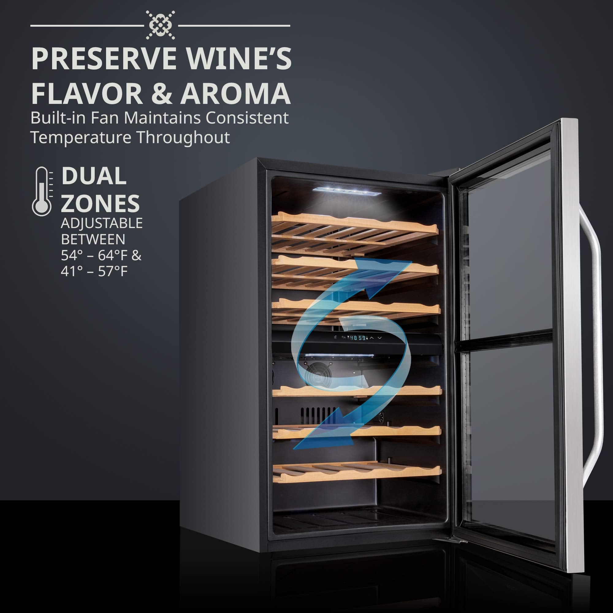 Ivation 43 Bottle Freestanding Wine Refrigerator, Dual Zone Wine Fridge with Lock, Stainless Steel - IVFWCC431DLWSS