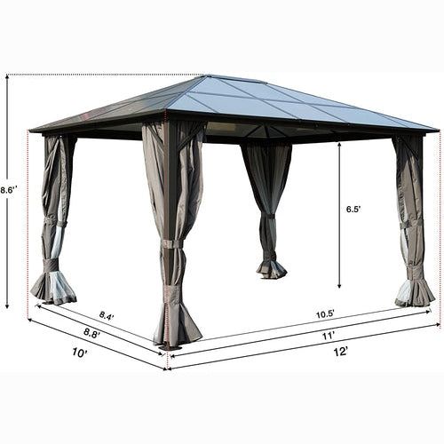 Kozyard 10ftx12ft' Polycarbonate Top Aluminum Permanent Gazebo with a Mosquito Net and Privacy Curtain - KZG811GR