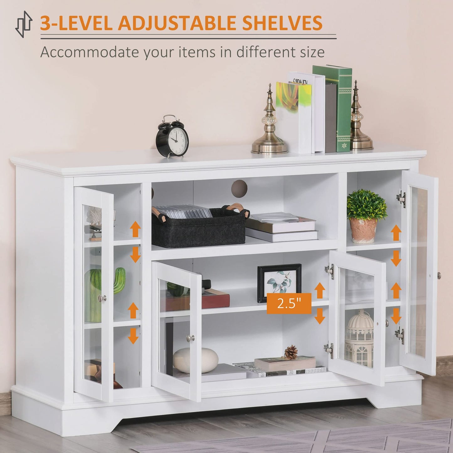 HomCom Sideboard Buffet Cabinet with Storage, Kitchen Cabinet Coffee Bar Cabinet with Glass Doors for Living Room, Kitchen, White - B08YN1ZYTJ