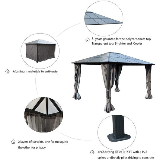 Kozyard 10ftx12ft' Polycarbonate Top Aluminum Permanent Gazebo with a Mosquito Net and Privacy Curtain - KZG811GR