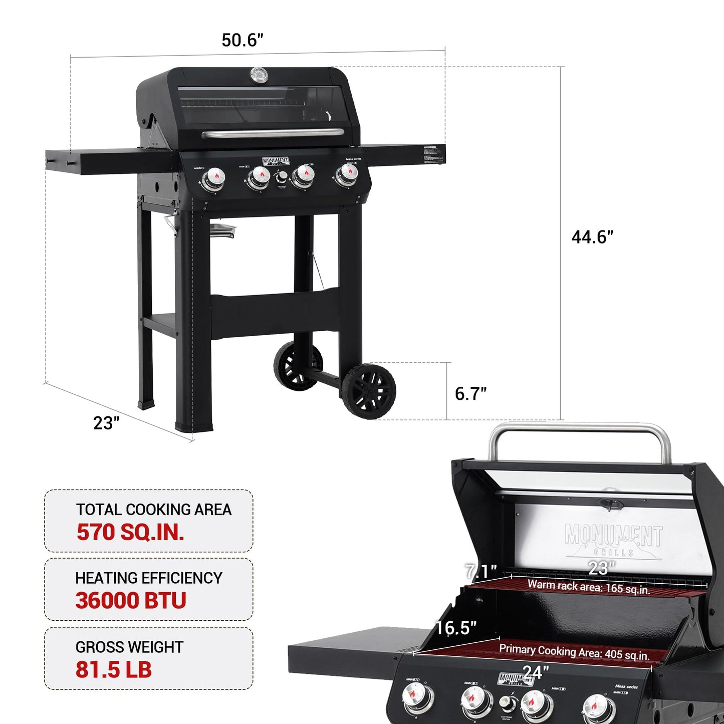 "Monument 4-Burner Propane Grill, Black SS, Clearview Lid, Foldable Shelf, w/ Cover – Mesa420MF (B0DFC2W299)"
