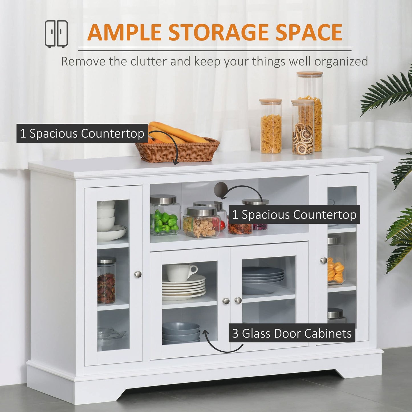 HomCom Sideboard Buffet Cabinet with Storage, Kitchen Cabinet Coffee Bar Cabinet with Glass Doors for Living Room, Kitchen, White - B08YN1ZYTJ