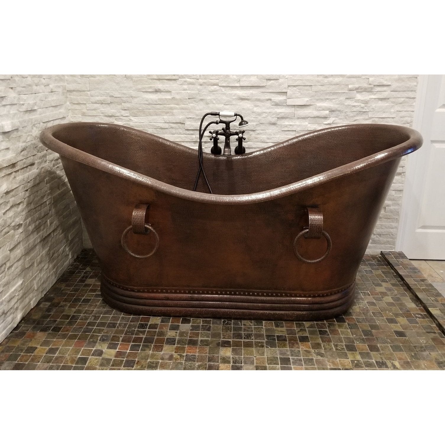 Premier Copper 72 in. Hammered Copper Double Slipper Bathtub With Rings - BTDR72DB