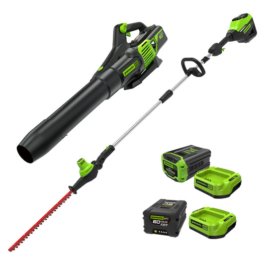 Greenworks 60V 20" Cordless Battery Pole Hedge Trimmer & 610 CFM Leaf Blower Combo Kit - 1317502-VK w/ 2.0Ah & 2.5Ah Battery & (2) Chargers