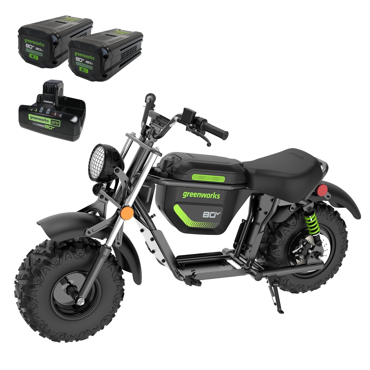 Greenworks 80V STEALTH Series Electric Mini-Bike w/ (2) 8.0Ah Batteries & Dual-Port Rapid Charger - 7421602