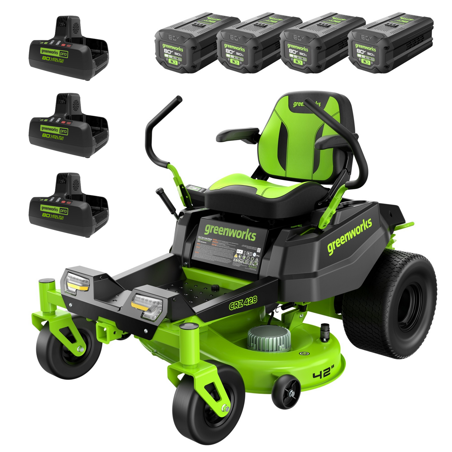 Greenworks 80V 42" Cordless Battery CrossoverZ Zero Turn Lawn Mower w/ (4) 5Ah Batteries & (3) Dual Port Chargers - 7427102