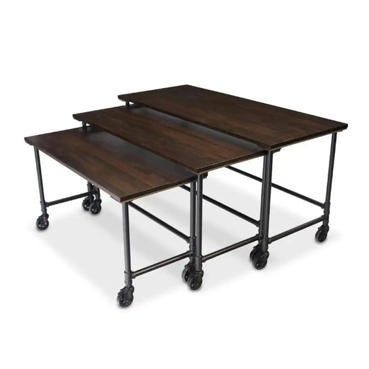 Forbes Industries 7441 30" Rustica Series Essentials Nesting Tables - Set of 3 Tables with Knotty Pine Wood Veneer Tops and Swivel Casters - 7441