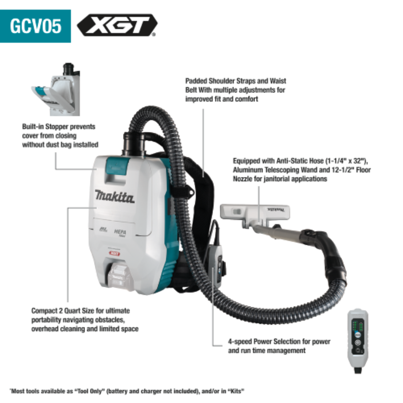 Makita 40V max XGT Brushless Cordless 2 Quart HEPA Filter Backpack Dry Vacuum, Tool Only - GCV05ZX